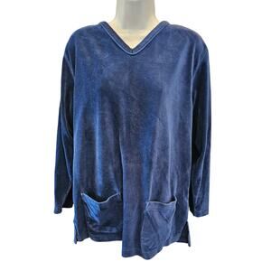 Vintage Jennifer Moore navy blue velour pocket lounge sweater comfy warm sz M +